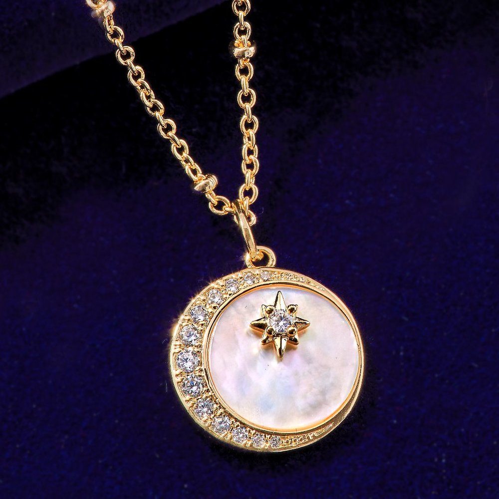 Champagne Gold Necklace with Mother Of Pearl, Round Crescent Moon and st…